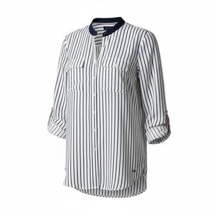 Tommy Hilfiger Button Down Blouse Navy Blue and White Stripe Size Medium